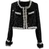 Женские куртки 2023, осеннее шикарное твидовое шерстяное пальто, легкое роскошное страусиное перо на манжетах со стразами и блестками, украшенное бисером, короткое черное