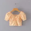 Koszule damskie 2023 Summer Flower Girl Bubble Sleeve Krótka koszula francuski styl wypoczynek przycięty top blusas mejr de moda verano elegantes