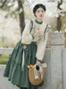 Рабочие платья Mori Girl симпатичная вышиваемая юбка Blouse 2pcs винтажные цветочные с длинным рукавом пуговица Blusa Высокая талия плиссированная подвеска