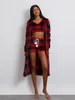 Nachtkleding voor dames wsevypo Herfst Winter Plaids 3-delige pyjamasets Warme loungewear voor dames Mouwloze bandjes Crop tanktopsShorts Robe met lange mouwen 231128