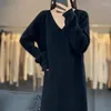 Casual Kleider Frauen Schwarz Kaschmir Langarm Eingewickelt Weiß Rot V-ausschnitt Hohe Taille Damen Elegante Strick Herbst Winter Koreanischen Stil