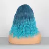 Perucas sintéticas peruca franja inclinada bandana para mulheres peruca azul curto cabelo encaracolado fibra sintética bandana