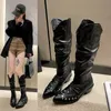 Boots Woman Knee High Leather Black Chunky Heels Studded Western Low Heel Designer Shoes Elegant Sexy Rock Goth 231127