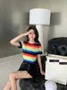 Tricots pour femmes Tees Designer Xiaoxiangfeng 2023 Nouvelle lettre d'été Rainbow Stripe tricoté T-shirt à manches courtes Mode Slim Fit Top Trendy HBEW