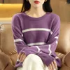 Kadın Sweaters Saf Yün Örme Dip Tezisi Yuvarlak Boyun Çizgili Gevşek Omuz Uzun Kollu Kaşmir Sweater