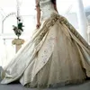 Abito da sposa champagne con ricamo vintage con fiori fatti a mano sulla spalla Abiti da sposa lunghi ed eleganti 2024 Abiti da sposa principessa