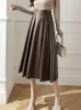 Skirts Seoulish Autumn Winter PU Faux Leather Women's Umbrella Skirts Solid High Waist Pleated A-Line Skirts Ladies Female 230428