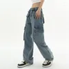 Kadınlar kot pantolon büyük boy kargo kadın sokak kıyafeti moda geniş bacak pantolon denim elastik bel bol düz gündelik pantolon 2023