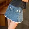 Etekler houzhou denim mini etek kadınlar sonbahar kawaii yay dantel patchwork Kore moda düşük bel a-line pilili cutecore y2k stil