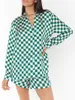 Survêtements pour femmes 2024 Pyjama 2 pièces Loungewear Vêtements de nuit Mode Plaid imprimé à manches longues Bouton de revers T-shirt Tops Casual Shorts