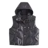 Kvinnors västar 2023 Fashion Faux Leather Hooded Short Cotton-Padded Jacket Vest Retro Sleeveless Coat Chic Top.