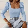 Women's Blouses Elegant Square Neck Beaded Pit Ribbed Tops Women Fashion Puff Long Sleeve Solid Blouse Autumn Winter Casual Pullover Shirt
