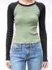 Camiseta para mujer Vintage Patchwork Acanalado Crop Top Mujeres Otoño Manga larga Casual Algodón Camiseta Tops Estilo Preppy Tees Streetwear Y2K Ropa 230428