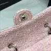 Senhora rosa tweed designer quadrado mensageiro saco de aba prata metal hardware alça de corrente larga multi pochettes 18cm vintage cruz corpo bolsa de ombro linda bolsa