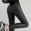 Kvinnors leggings vinterfleece pu läder sexig bulfer höga midja tights byxor kvinnor varm skarvning faux svarta byxor
