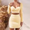 Casual Dresses Sexy 2 Piece Set Skirts Women Autumn Low Cut Long Sleeve Crop Top High Waist Hip Wrapped Skirt Elegant Pleated Party Outfits