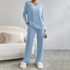 Женские брюки из двух предметов, пижамный комплект с длинными рукавами, женская зимняя одежда, уютный вязаный свитер, стильный v-образный вырез, свободный крой, эластичная талия для