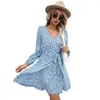 Casual Dresses Spring Model Printing Bind Belt Dress V-neck Mini Skirt Long Sleeve Sweet Fower Girl