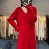 Casual Kleider Frauen Schwarz Kaschmir Langarm Eingewickelt Weiß Rot V-ausschnitt Hohe Taille Damen Elegante Strick Herbst Winter Koreanischen Stil