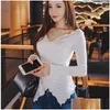 T-shirt Femme T-shirts Liberjog Femmes Coton Slim Manches longues Plover T-shirts à col en V Y High Stretch Vintage Tops Femme Doux Confortable Ot7BG