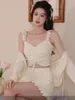Kvinnors sömnkläder kvinnor sommar bomull snörning pyjamas tre bitar kostym cardigan shorts ruffles sweet girl korean prinsess lounge set
