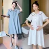 Maternity Dresses Summer Pregnant Women Dresses Maternity Casual Clothes Pregnancy Lapel Dress Solid Color Short-sleeved T-shirt Female A Skirt 230428