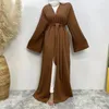 Vêtements ethniques Automne Hiver Pull Ouvert Abaya avec manches lâches Ceinture de poche Cardigan Robe Eid Prière Caftan Malaisie Mode