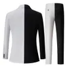 メンズスーツブレザーファッションエレガントなメンズビジネスブラックホワイトコントラストカラースーツ /男性スリムステージパーティー2 PCSブレザージャケットパンツセット231127