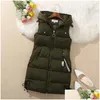 Womens Vests Jacket Sleeveless Waistcoat Winter Underwaist Coat Long Hooded Quilted Puffer Vest Female Warm Thicken Outwear Drop Deliv Otpns