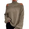 Damessweaters Ademende trui Stijlvolle off-shoulder gezellige gebreide trui met halfhoge kraag uitgehold voor herfst/winter