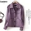 Fur Lautaro giacche in pelle finta viola autunno per donne lancia spalla a maniche lunghe bottoni di tasche neri casual coreano moda 2021