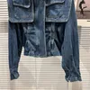 Damesjassen Prepomp Herfstaankomst Lange mouw Turn Down Collar Dubbele zakken sjaalsontwerp Blue Denim Jacket Dames GE006 230428