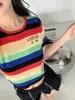 Tricots pour femmes Tees Designer Xiaoxiangfeng 2023 Nouvelle lettre d'été Rainbow Stripe tricoté T-shirt à manches courtes Mode Slim Fit Top Trendy HBEW