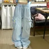 Damenhose Rosa Kawaii Süße Vielseitige Mode Stickerei Freizeithose Sommer Elastische Taille Lose Große Tasche Breites Bein