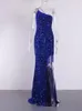 Party Dresses Royal Blue Shiny Beading Cocktail Dress Sexy Split Stretch Sequin Luxury Long Prom Evening Gown Straps Sleeveless Black