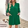 Kadın düz renkli elbise dişi yaz gevşek v boyun yeşil etek