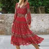 Casual Dresses Beach Dress Vintage Print A-line Feminine Bohemian Style With Flattering High Waist Long Sleeves Women V Neck Midi