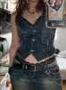 Gilet Y2k Giacca corta in denim Gilet con retro scollato Gilet grunge Tasche Streetwear Donna Senza maniche Bottone Corsetto vintage Top