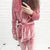 Womens Sleepwear HECHAN Grey Velvet Pajamas Warm Long sleeved Family Set Two piece Thick Pajama Evening Dress Autumn 231128