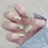 False Nails 2023 Fashion 24st Short Square French Champagne Gold Glitter Diamond Full Cover Löstagbara nagelips