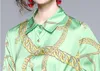 Dwuczęściowa sukienka Autumn Saund Briend Druk Dwuczęściowy zestaw damski guziki zielona koszula z długim rękawem top wysoki talia plisowana mini spódniczka 230428
