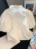 Circyy Damen-Blusenhemden, kurze Hemden, weiß, Sommer-Puff, kurzärmelig, französischer Chic, Umlegekragen, Hemd mit Knöpfen, Applikationen, solide Blusen, P230427