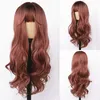 Syntetiska peruker peruk kvinnors rosa bruna långa lockigt hår rosnät peruk set