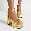 Brand New Platform Sandals Summer 2023 Gold Chain Design Ankle Buckle Chunky Heel Punk Style Street Girls Green Shoes Size 48