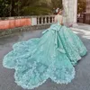 Green Shiny Quinceanera Dresses Luxury Beads Crystal Appliques Flower Off the Shoulder Sweet Vestidos De 15 Girls Ball Gowns