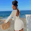 Abiti casual Mini abito bianco senza schienale sexy Abbigliamento da spiaggia estivo Donna Manica lunga O Collo aderente Y2k Streetwear Vestito estivo solido causale