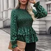 Women's Blouses Ruffle Chiffon Shirt Hem Neckline Tops Puff Sleeve Autumn Rhombus Graphic Shirts Fashion Creative Blusas