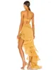 Robes décontractées Sexy sans bretelles plissée volants irréguliers robe longue femmes jaune creux plis conception dos nu soirée piste