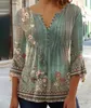 Kvinnors blusar Spring Fall Floral Print Blus Tops 3/4 Sleeve Front Button V-Neck Casual Elegant Loose T-shirts