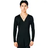 Stage Wear Sexy Deep V-Neck Split Long Sleeve Top Latin Dance Training Shirt For Men Chacha Rumba Tango Dress Practice DQS11639